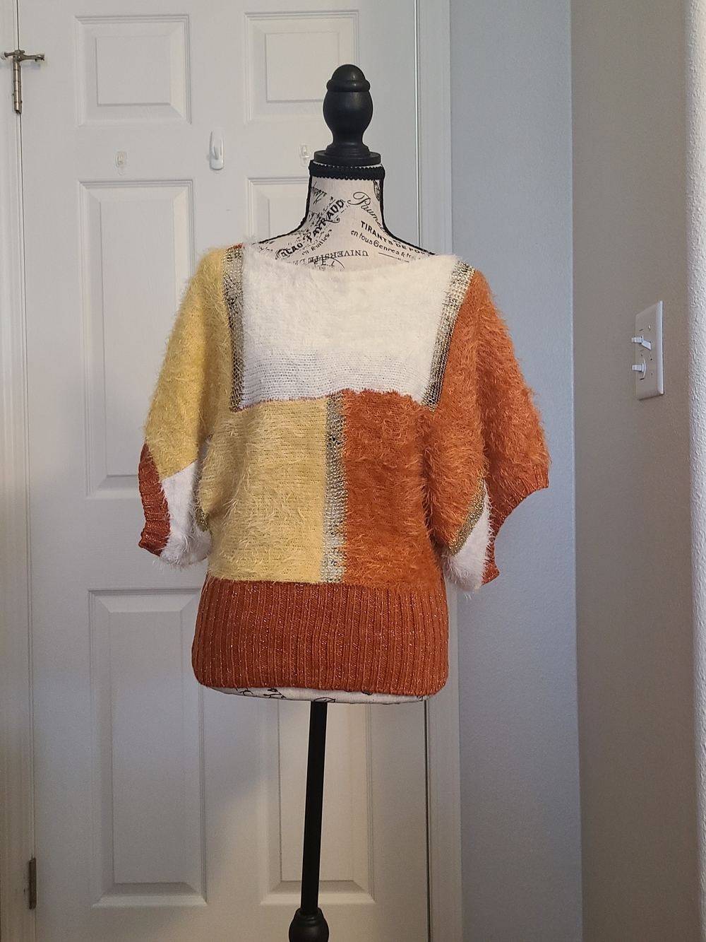 Wish Colorblock Fuzzy Crew Sweater in White, Mustard & Rust